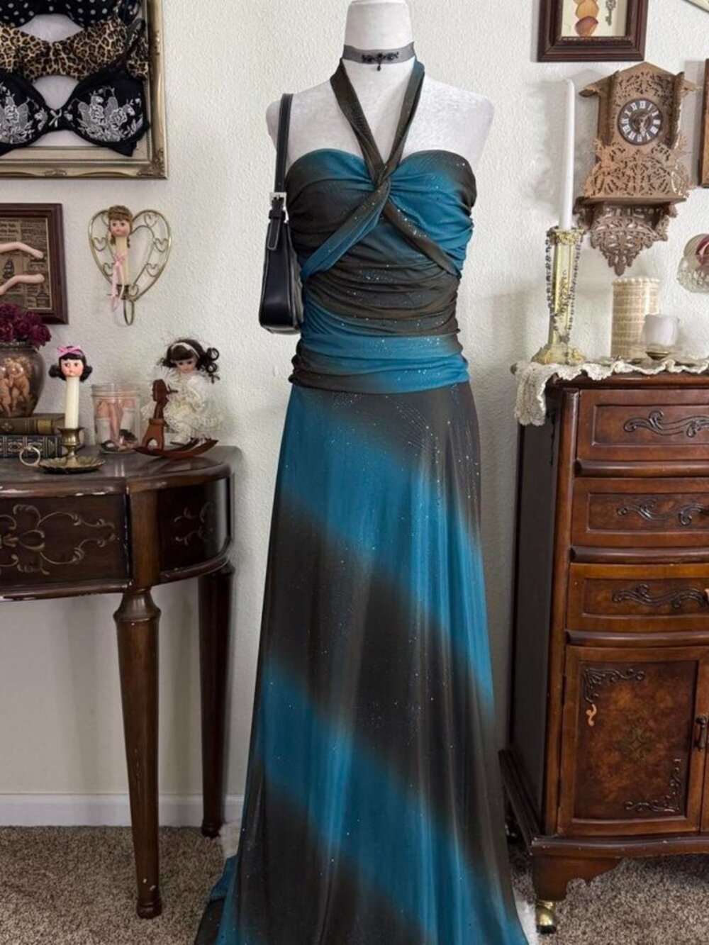 Y2k whimsical fairy grunge brown and teal blue sparkly glitter mesh halter maxi
